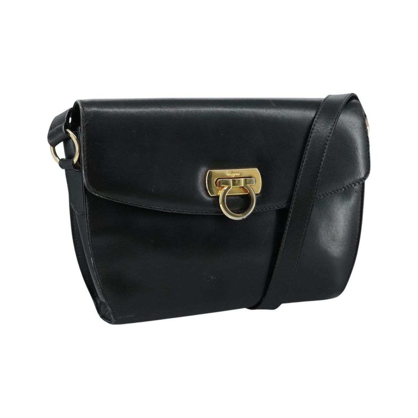 Salvatore Ferragamo Gancini Flap Leather, Black, Leather, Shoulder Bag