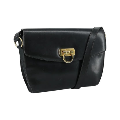 Salvatore Ferragamo Gancini Flap Leather, Black, Leather, Shoulder Bag