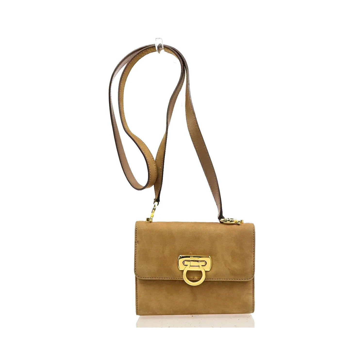 Salvatore Ferragamo Gancini Flap Suede, Beige, Suede, Shoulder Bag