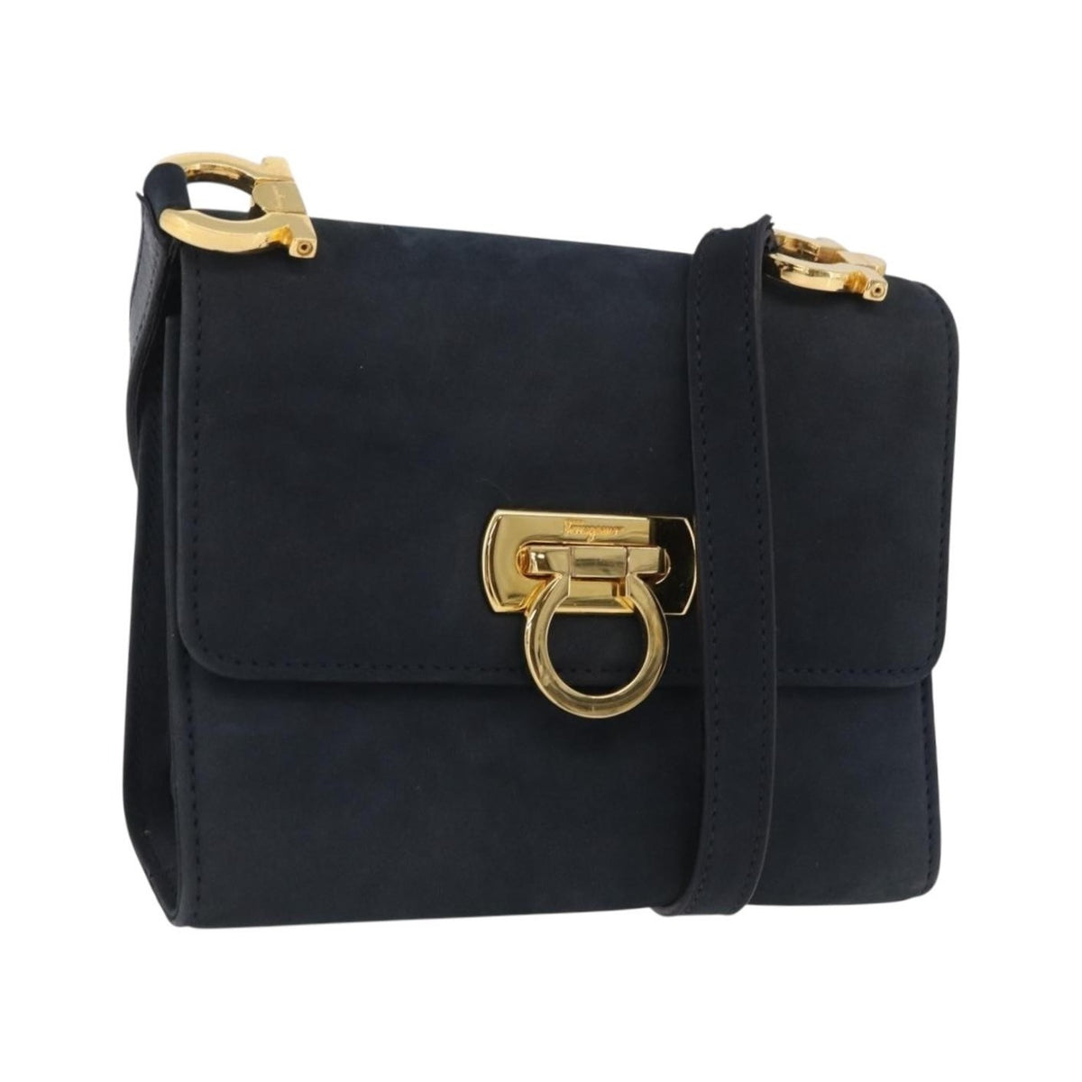 Salvatore Ferragamo Gancini Flap Suede, Navy, Suede, Shoulder Bag