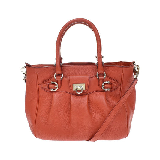 Salvatore Ferragamo Gancini Handle Leather, Orange, Leather, Tote Bag