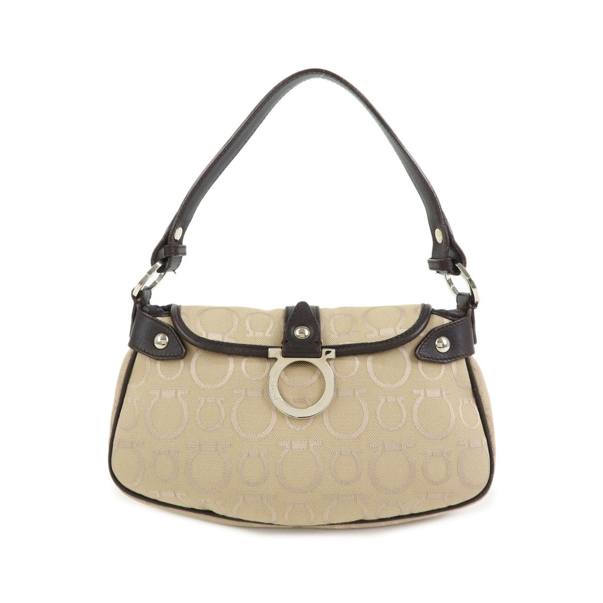 Salvatore Ferragamo Gancini Handle Leather, Beige, Canvas, Tote Bag
