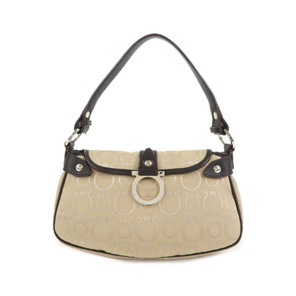 Salvatore Ferragamo Gancini Handle Leather, Beige, Canvas, Tote Bag
