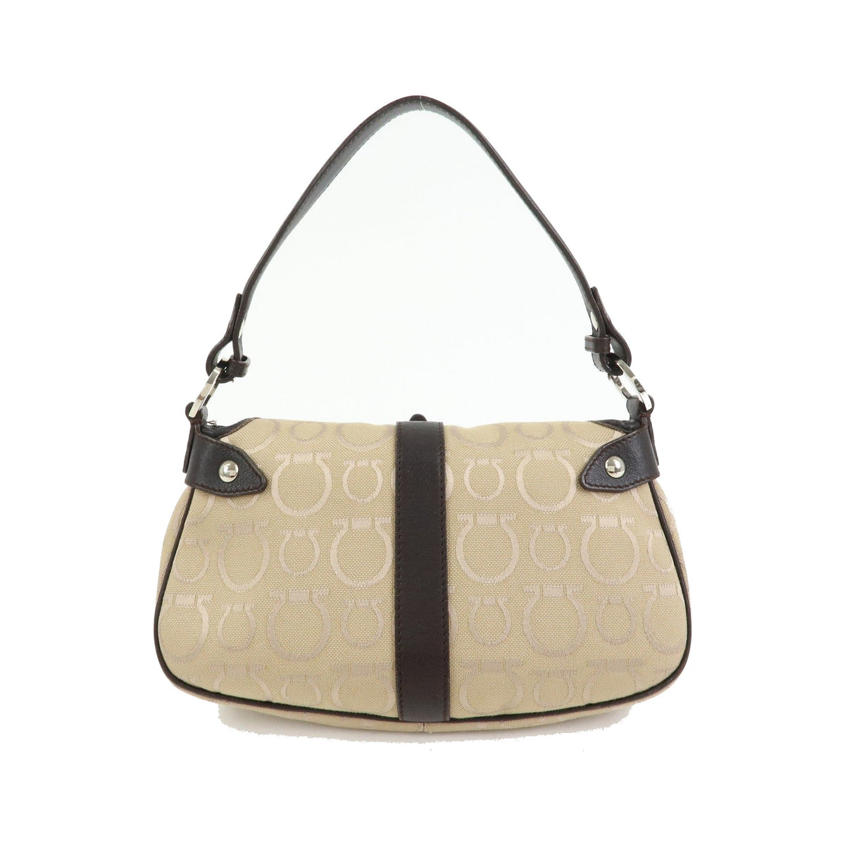 Salvatore Ferragamo Gancini Handle Leather, Beige, Canvas, Tote Bag