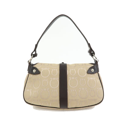 Salvatore Ferragamo Gancini Handle Leather, Beige, Canvas, Tote Bag