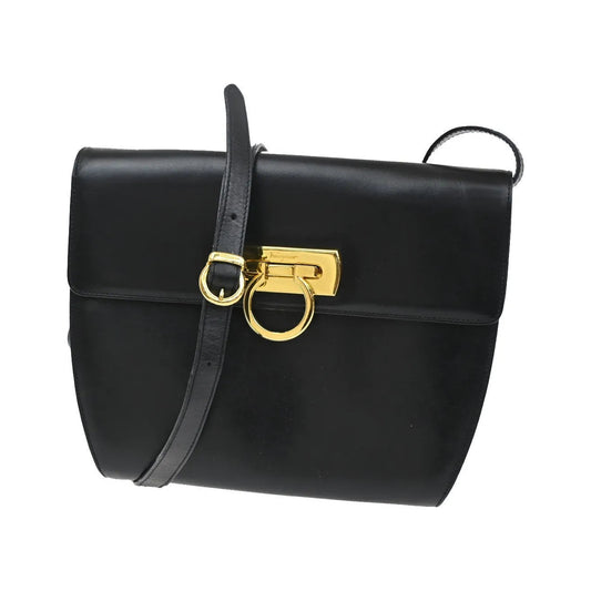 Salvatore Ferragamo Gancini Leather, Black, Leather, Shoulder Bag