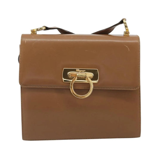 Salvatore Ferragamo Gancini Leather, Brown, Leather, Shoulder Bag