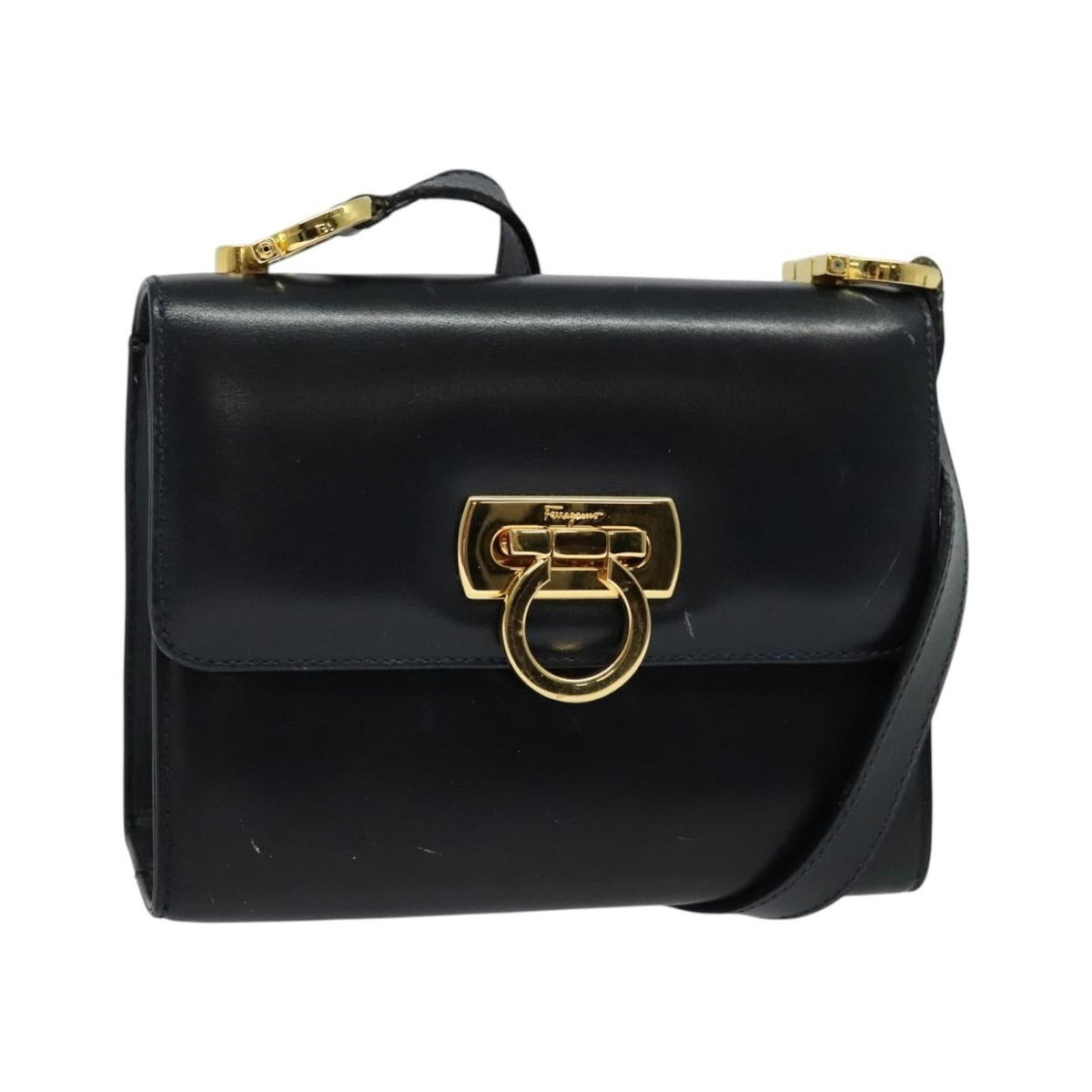 Salvatore Ferragamo Gancini Leather, Black, Leather, Shoulder Bag