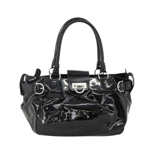 Salvatore Ferragamo Gancini Patent Leather, Black, Patent Leather, Handbag