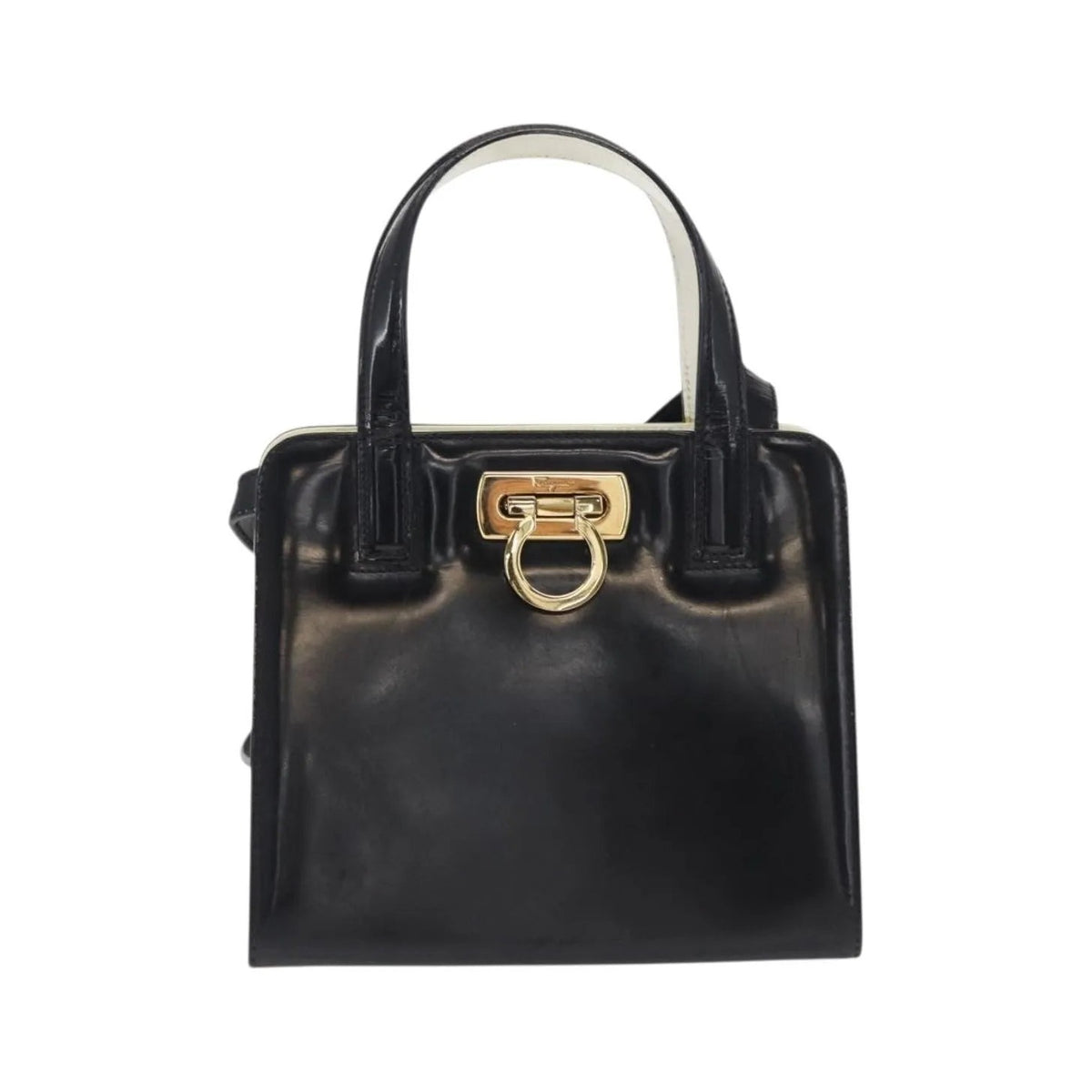 Salvatore Ferragamo Gancini Patent Leather, Black, Patent Leather, Handbag