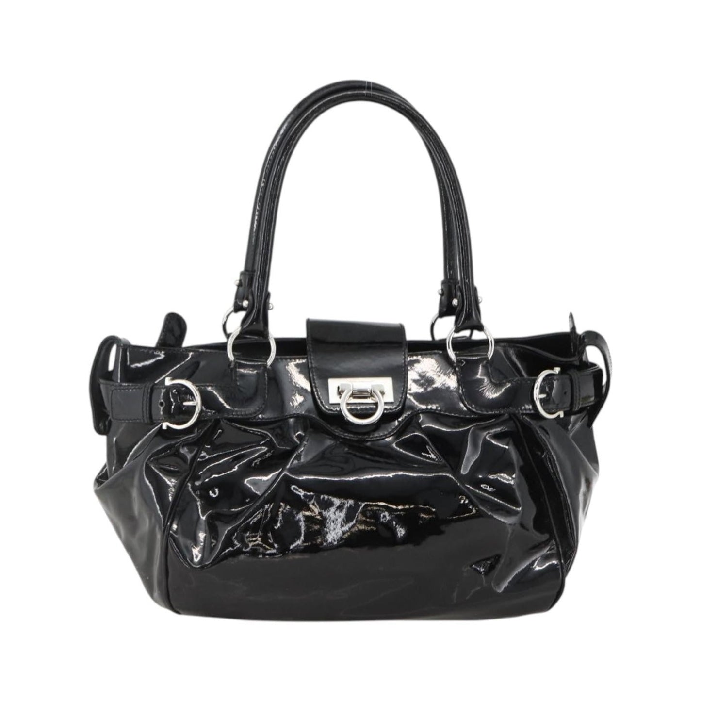 Salvatore Ferragamo Gancini Patent Leather, Black, Patent Leather, Handbag