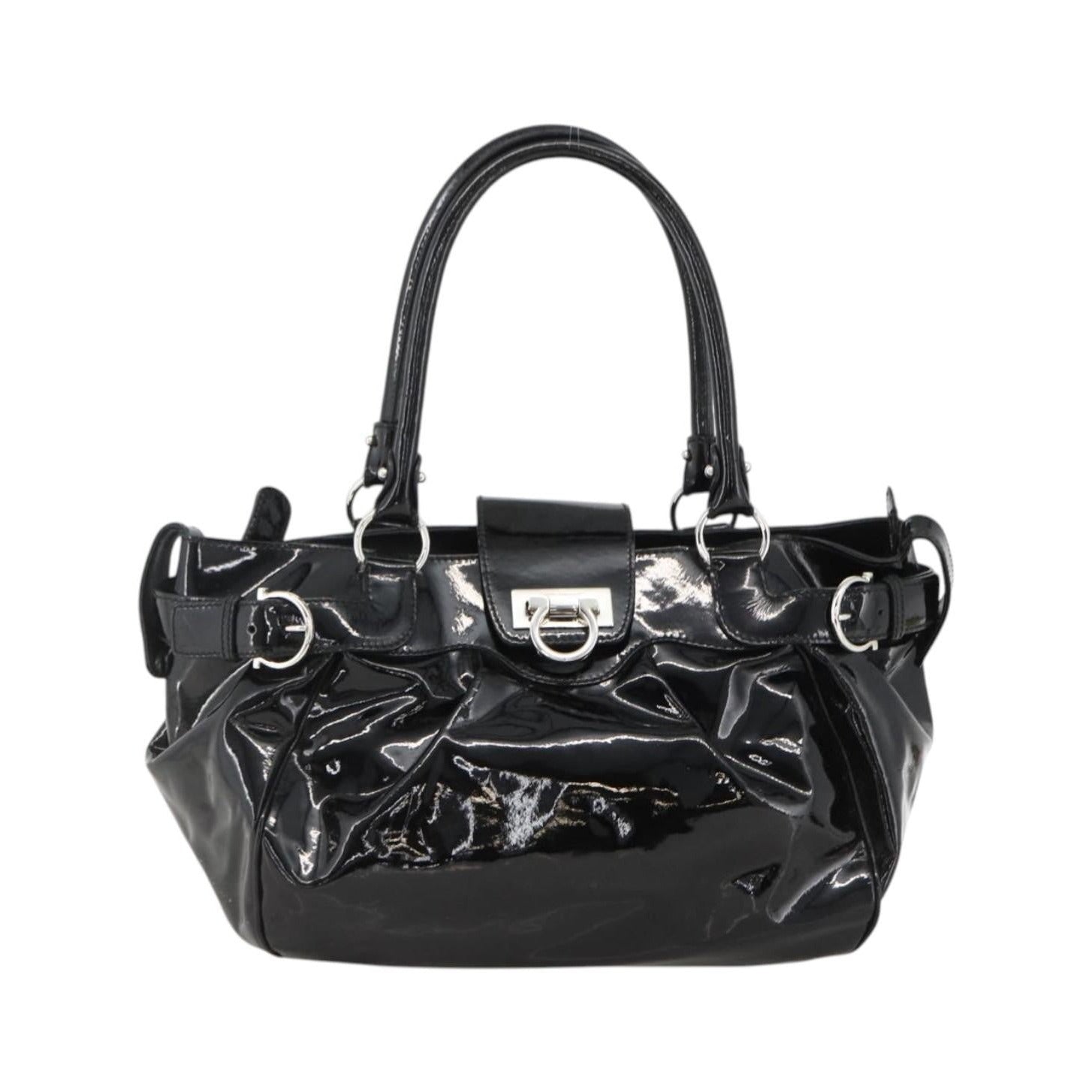 Salvatore Ferragamo Gancini Patent Leather, Black, Patent Leather, Handbag