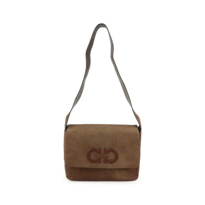 Salvatore Ferragamo Gancini Suede, Brown, Canvas, Crossbody Bag