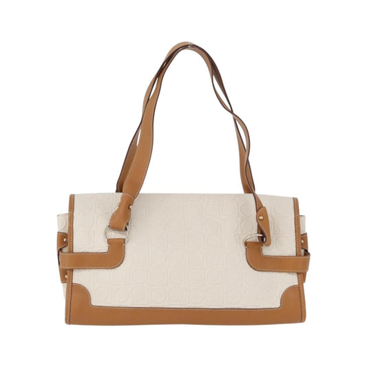 Salvatore Ferragamo Gancini Top Handle Canvas, White, PVC, Handbag