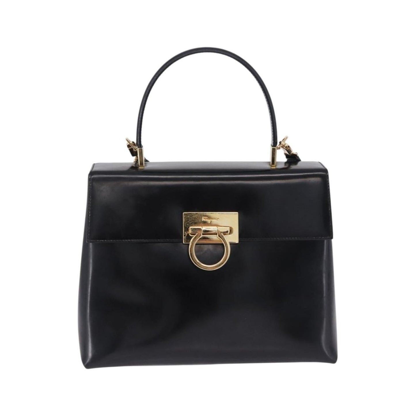 Salvatore Ferragamo Gancini Top Handle Leather, Black, Patent Leather, Handbag