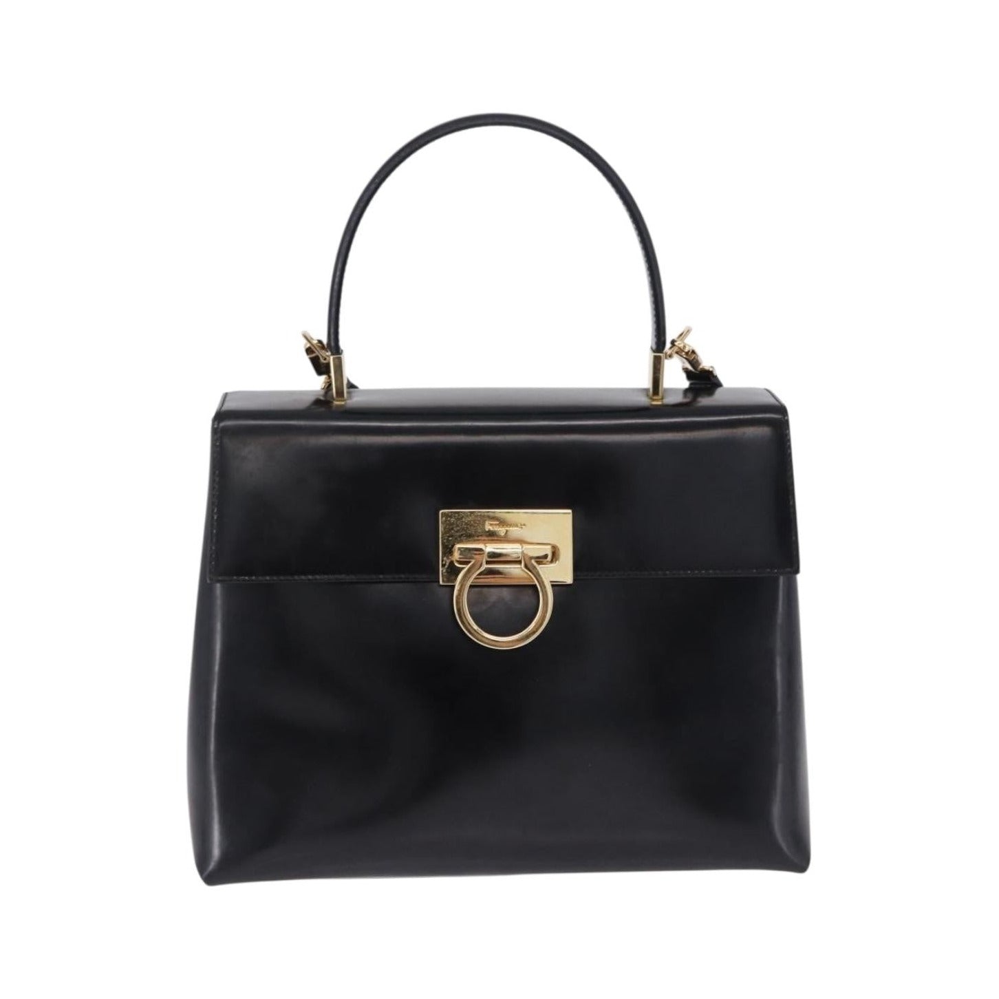 Salvatore Ferragamo Gancini Top Handle Leather, Black, Patent Leather, Handbag