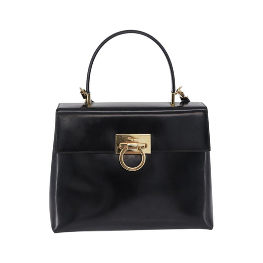Salvatore Ferragamo Gancini Top Handle Leather, Black, Patent Leather, Handbag