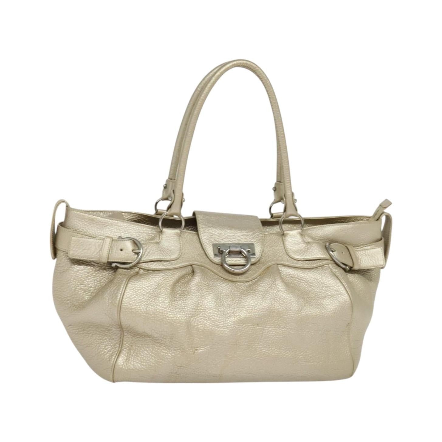 Salvatore Ferragamo Gancini Tote Leather, Silver, Leather, Tote Bag
