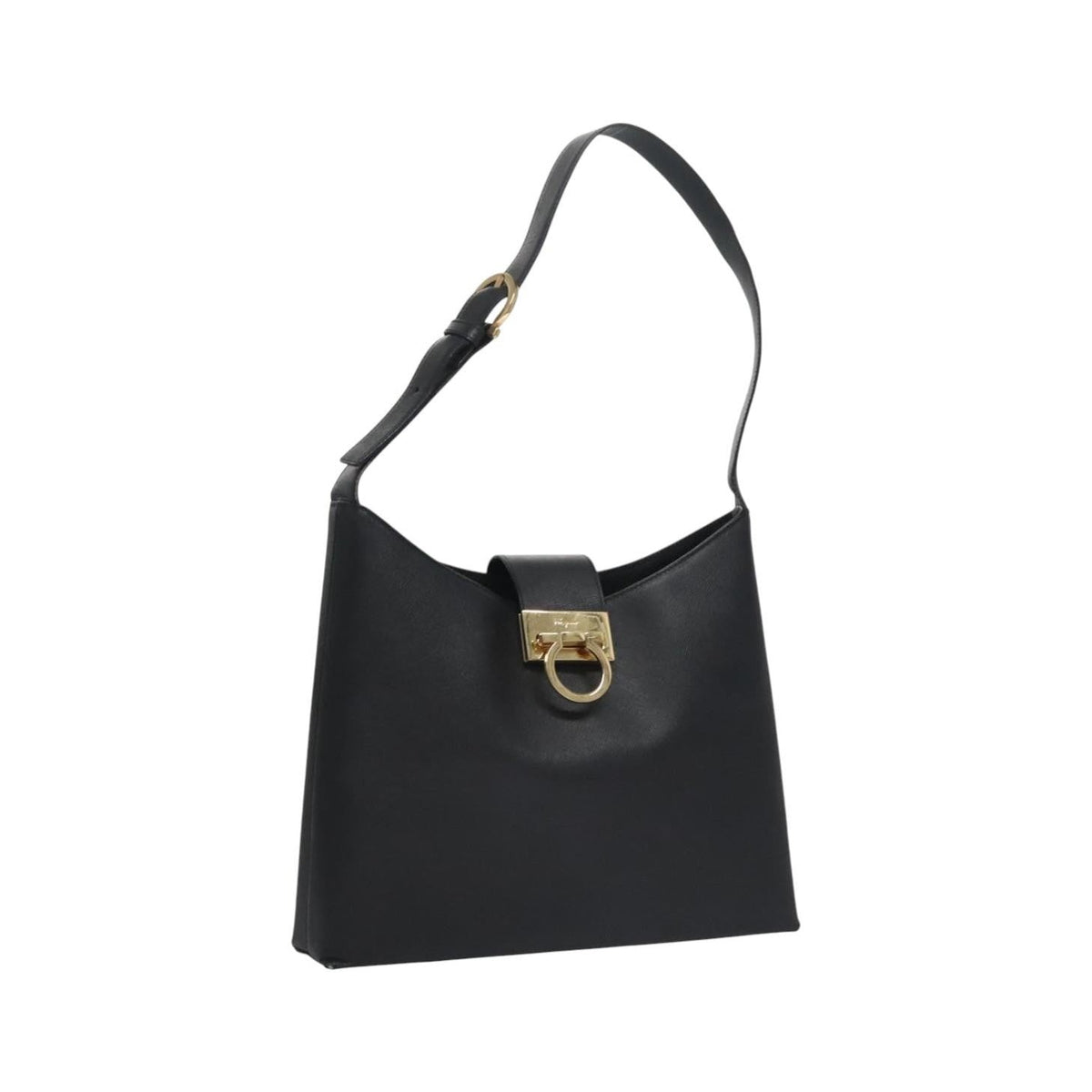Salvatore Ferragamo Gancio Flap Hobo Leather, Black, Leather, Shoulder Bag