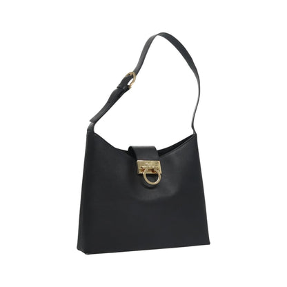 Salvatore Ferragamo Gancio Flap Hobo Leather, Black, Leather, Shoulder Bag