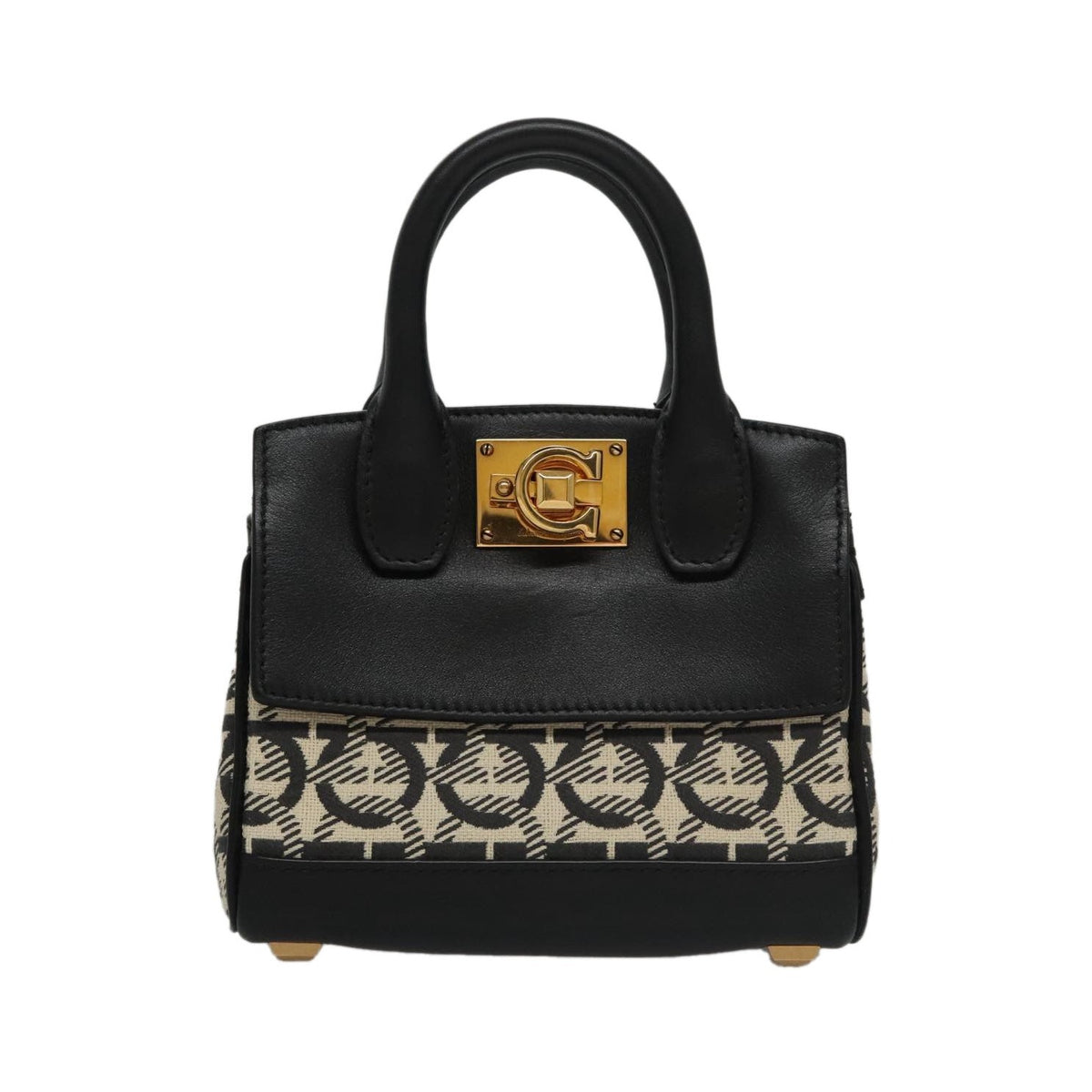 Salvatore Ferragamo Studio Satchel Gancini Jacquard and Leather, Black, Canvas, Handbag