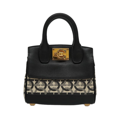 Salvatore Ferragamo Studio Satchel Gancini Jacquard and Leather, Black, Canvas, Handbag