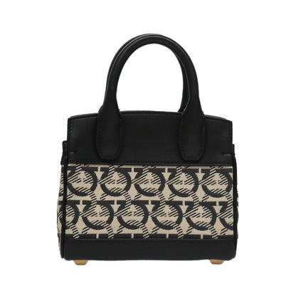 Salvatore Ferragamo Studio Satchel Gancini Jacquard and Leather, Black, Canvas, Handbag