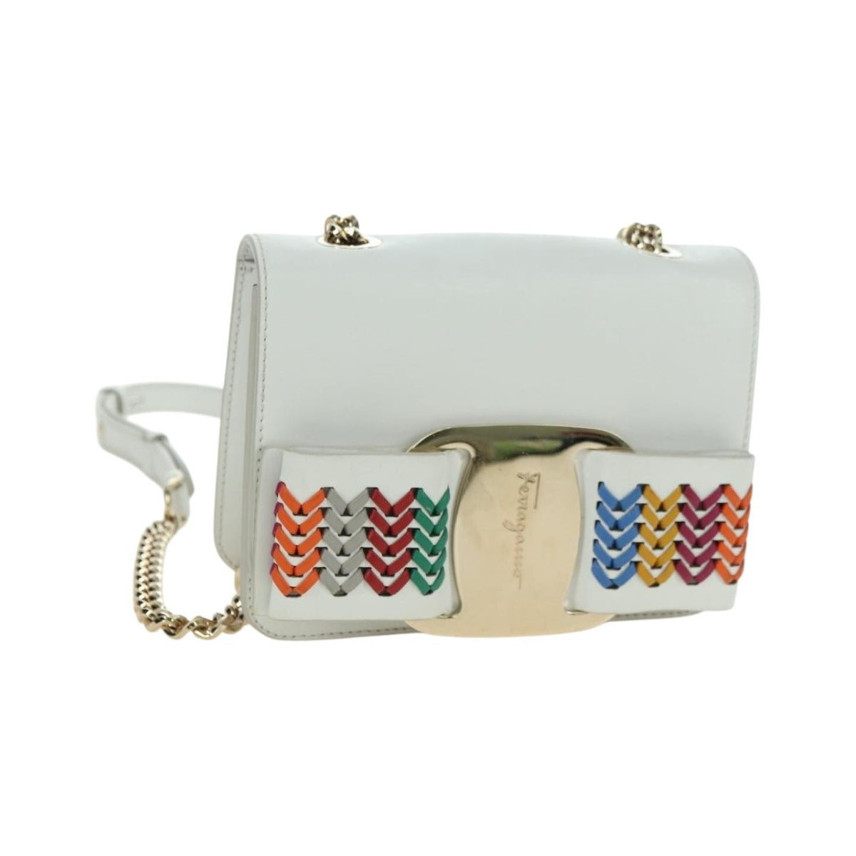 Salvatore Ferragamo Vala Chain Leather, White, Leather, Shoulder Bag