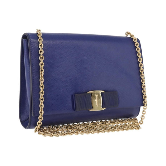 Salvatore Ferragamo Vala Chain Leather, Blue, Leather, Shoulder Bag