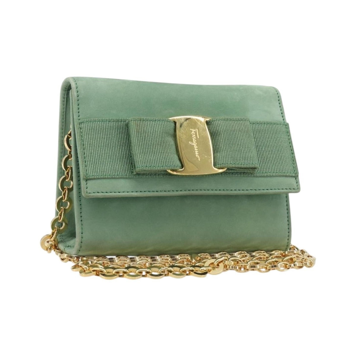 Salvatore Ferragamo Vala Chain Suede, Green, Suede, Shoulder Bag