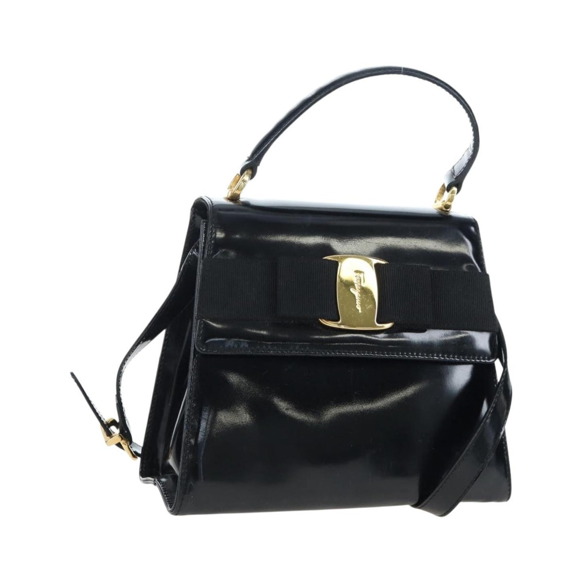 Salvatore Ferragamo Vala Patent Leather, Black, Patent Leather, Shoulder Bag