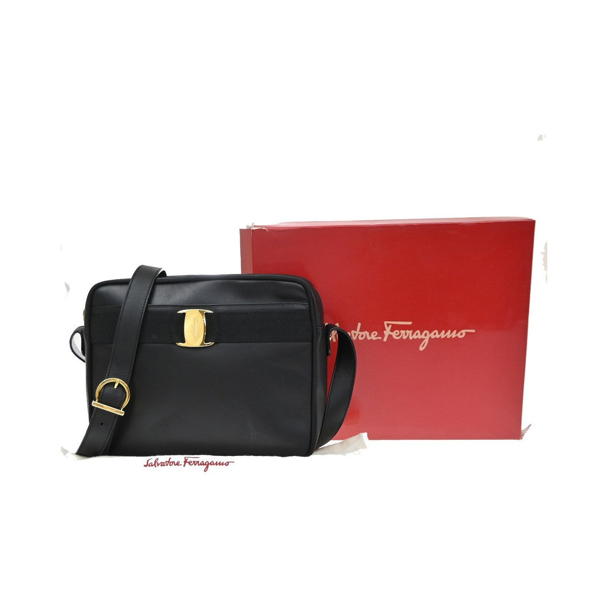 Salvatore Ferragamo Vara Bow Camera Leather, Black, Leather, Shoulder Bag