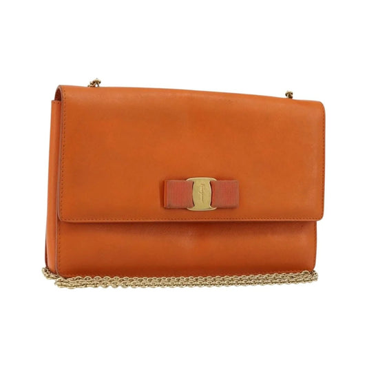 Salvatore Ferragamo Vara Bow Chain Clutch Leather, Orange, Leather, Shoulder Bag