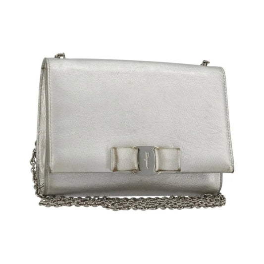 Salvatore Ferragamo Vara Chain Flap Leather, Silver, Leather, Shoulder Bag