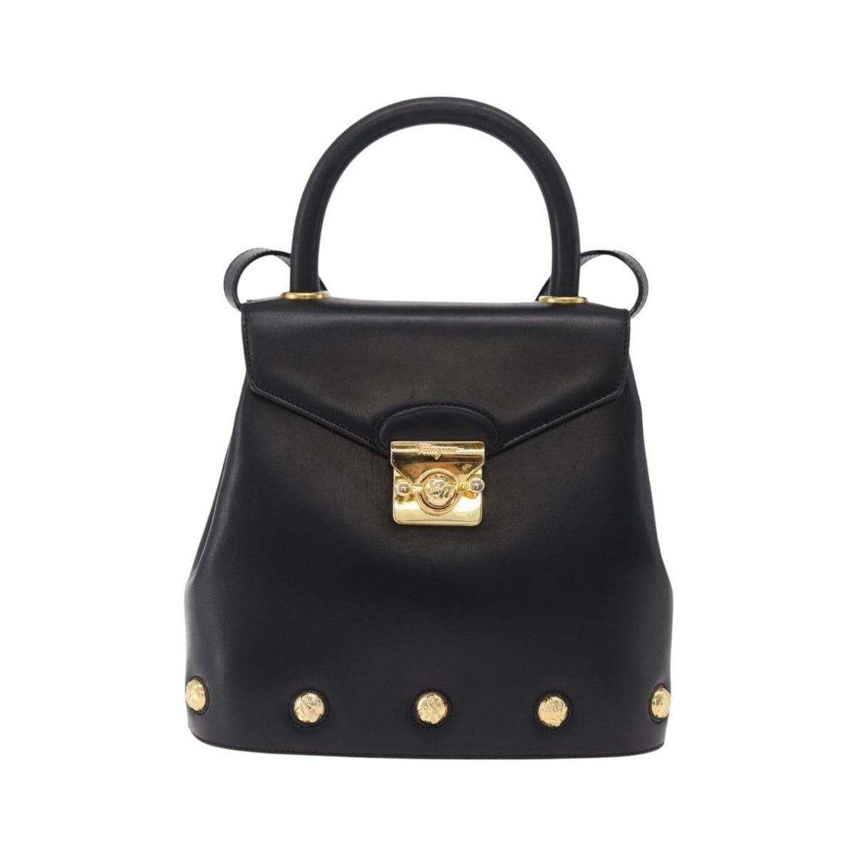 Salvatore Ferragamo Vintage Flap Lock Studded Leather, Black, Leather, Handbag