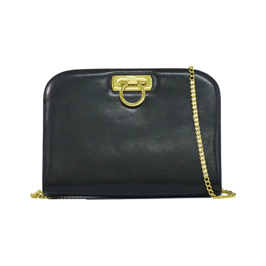 Salvatore Ferragamo Vintage Gancini Chain Leather, Black, Leather, Shoulder Bag