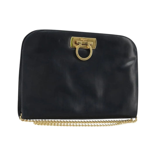 Salvatore Ferragamo Vintage Gancini Chain Leather, Navy, Leather, Shoulder Bag