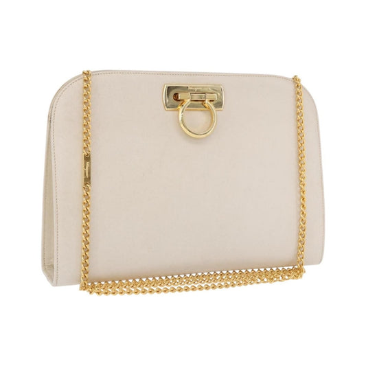 Salvatore Ferragamo Vintage Gancini Chain Leather, White, Leather, Shoulder Bag