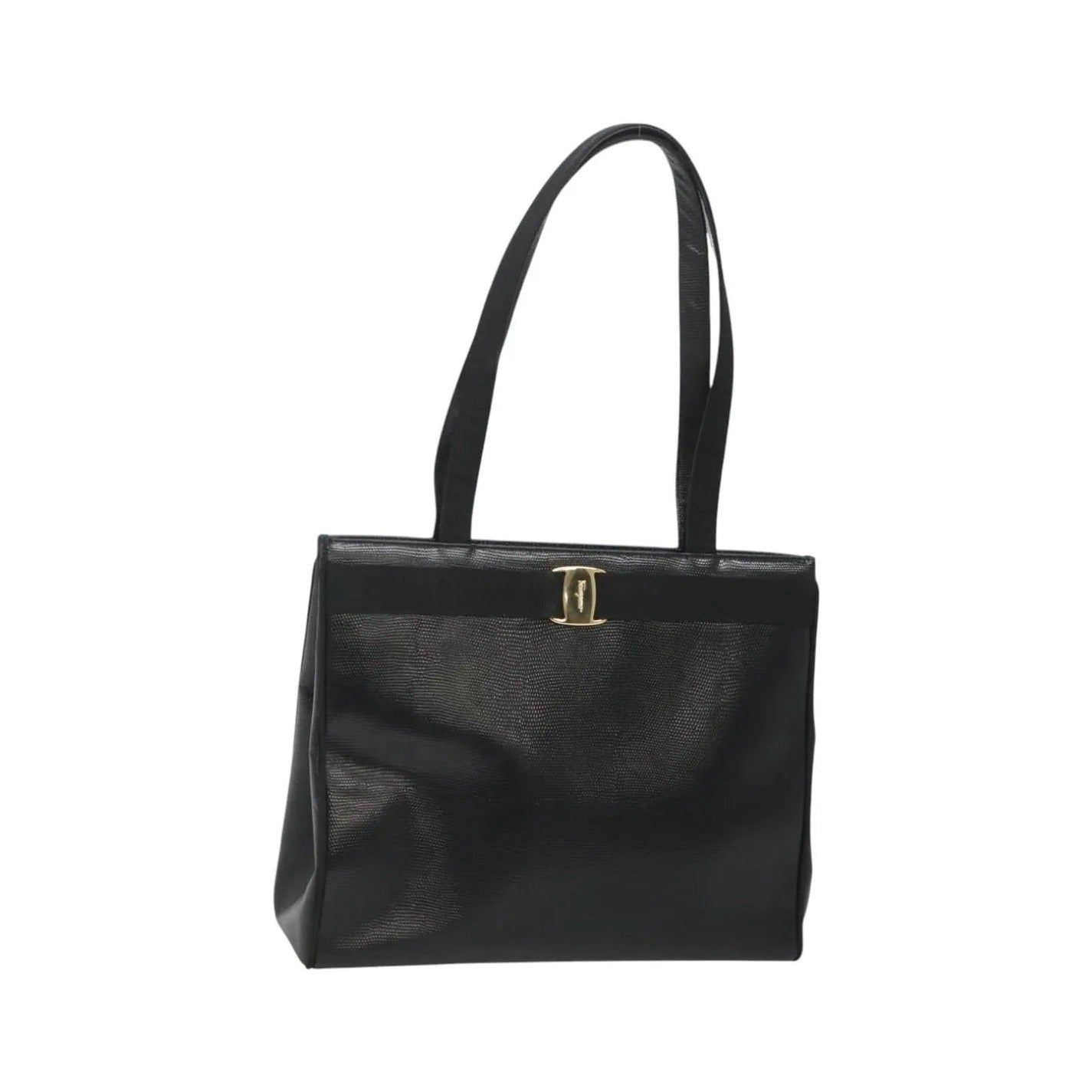 Salvatore Ferragamo Vintage Vara Bow Tote Lizard Embossed Leather, Black, Leather, Tote Bag
