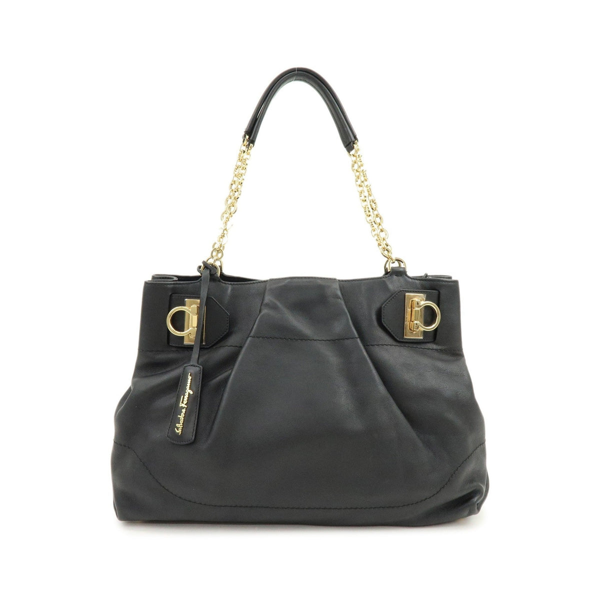 Salvatore Ferragamo W Chain Leather, Black, Leather, Tote Bag