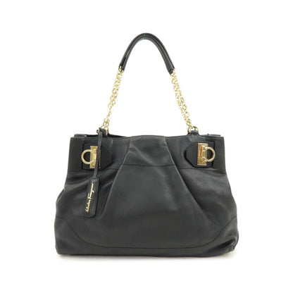 Salvatore Ferragamo W Chain Leather, Black, Leather, Tote Bag