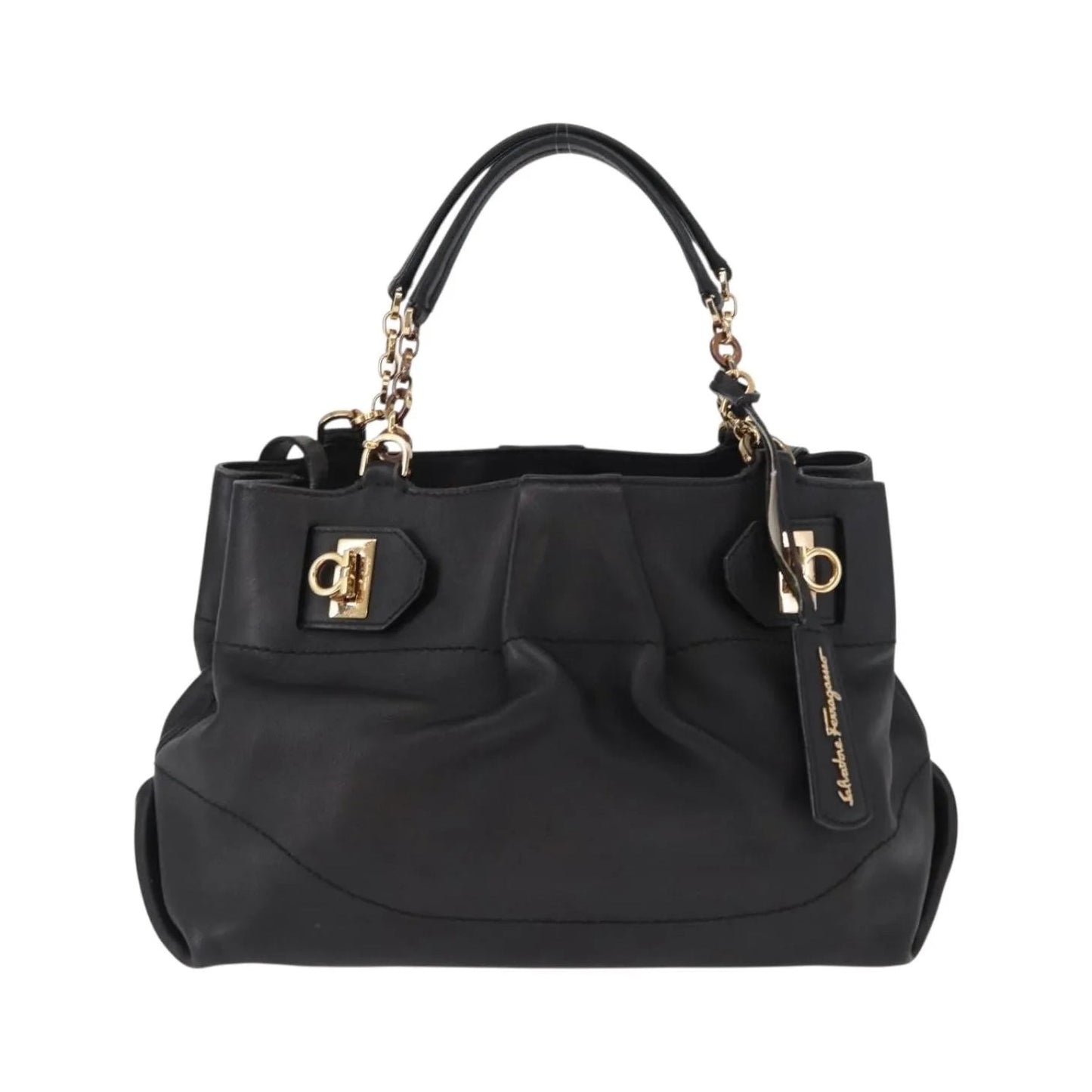 Salvatore Ferragamo W Chain Tote Leather, Black, Leather, Handbag