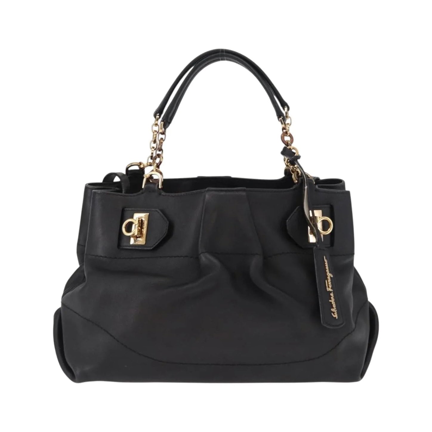 Salvatore Ferragamo W Chain Tote Leather, Black, Leather, Handbag