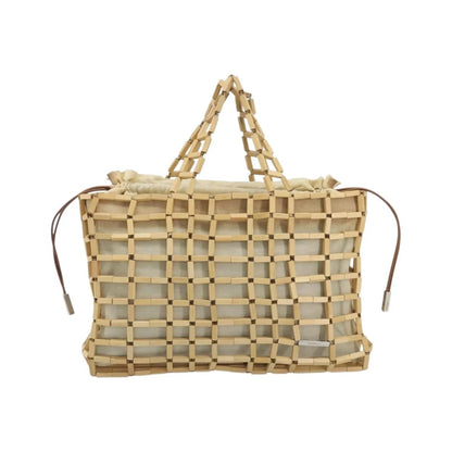 Salvatore Ferragamo Wood Mesh Drawstring canvas, Beige, Canvas, Handbag