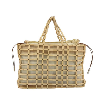 Salvatore Ferragamo Wood Mesh Drawstring canvas, Beige, Canvas, Handbag