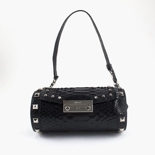 Versace Black Leather Barrel Bag Stud Embellishments