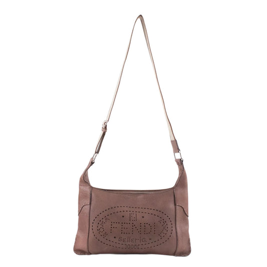 Fendi Leather Perforated Logo Shoulder Bag Brown