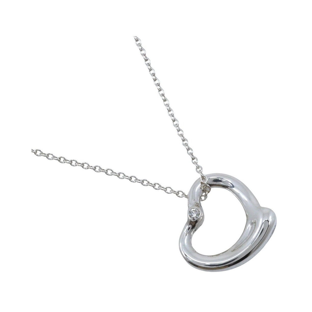 Tiffany & Co. Elsa Peretti Open Heart Pendant Sterling Silver with Diamond, Silver, Silver, Necklace
