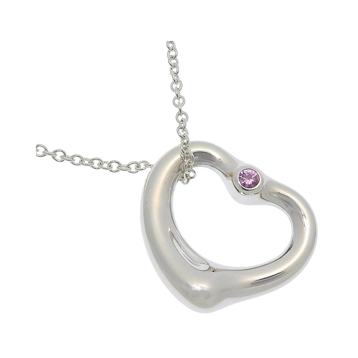 Tiffany & Co. Elsa Peretti Open Heart Pendant Sterling Silver with Pink Sapphire, Silver, Silver, Necklace