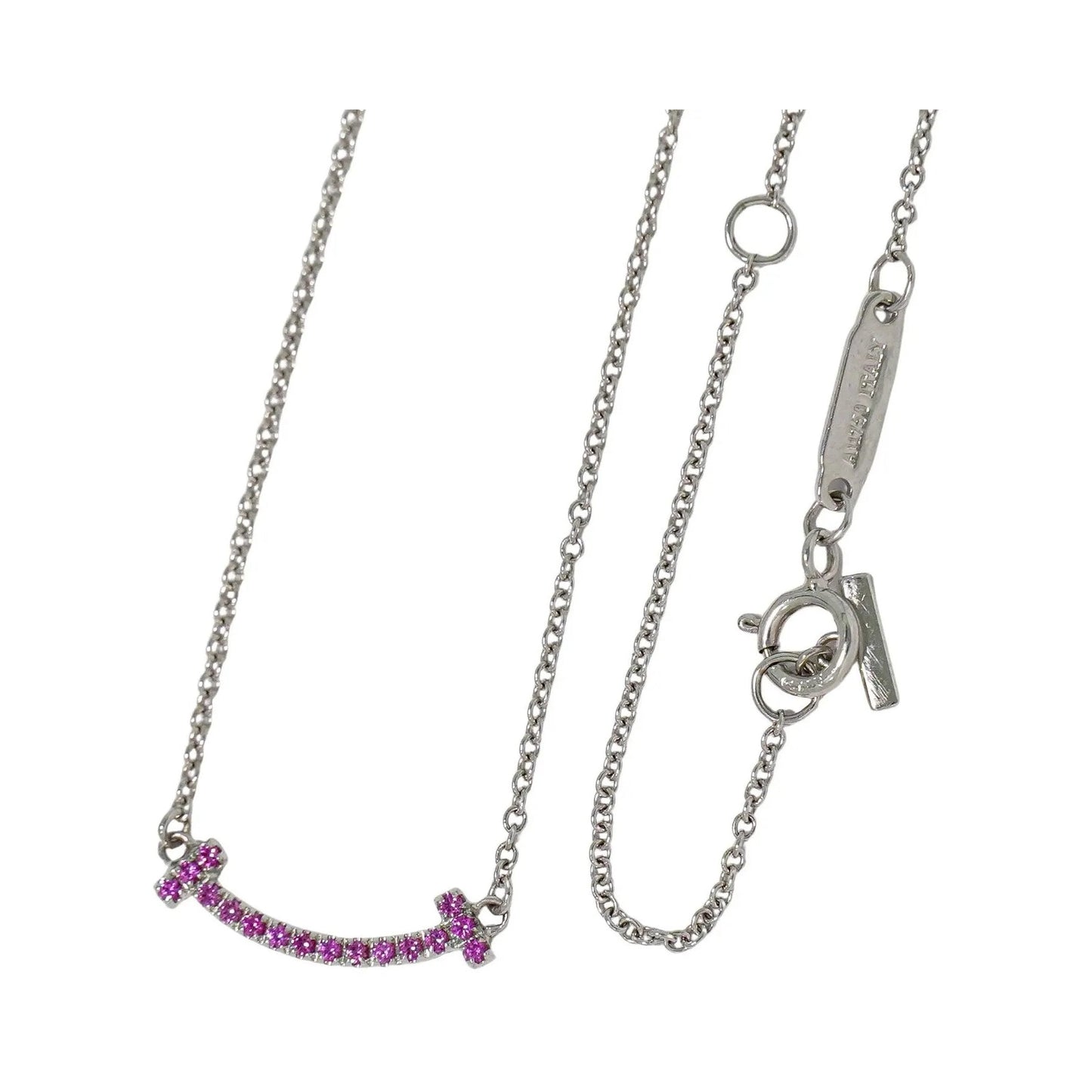 Tiffany & Co. T Smile Pendant 18K White Gold with Pink Sapphires, Silver, White Gold, Necklace